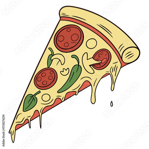 A delicious slice of pizza with pepperoni mushrooms jalapenos and basil dripping with cheese