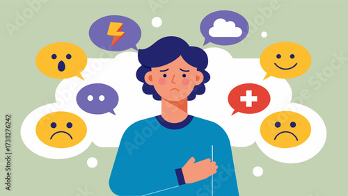 A person turning negative thoughts into positive ones using selftalk to reframe their mindset.. Vector illustration