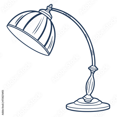 A vintage style desk lamp with a curved arm and a dome shaped shade in a simple line art drawing style