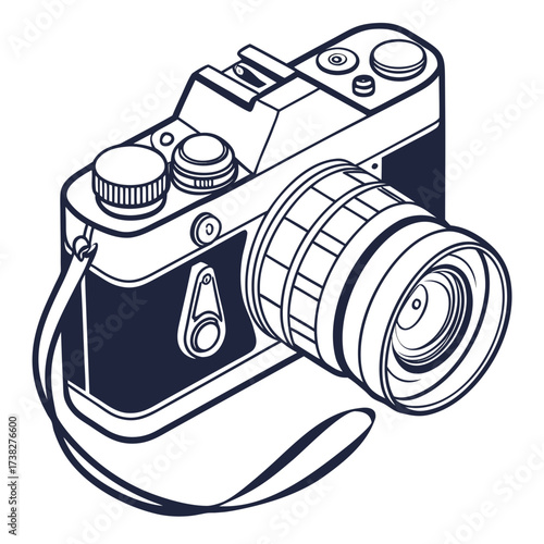 Classic vintage film camera with a lens and strap depicted in a clean outline drawing style