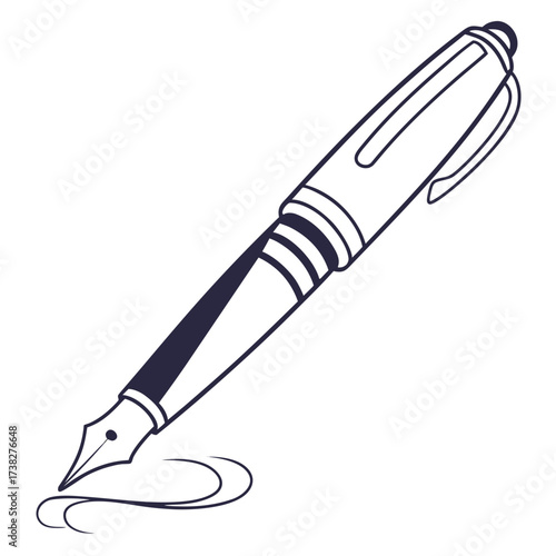 Elegant fountain pen with a nib creating a graceful swirl of ink on a white background