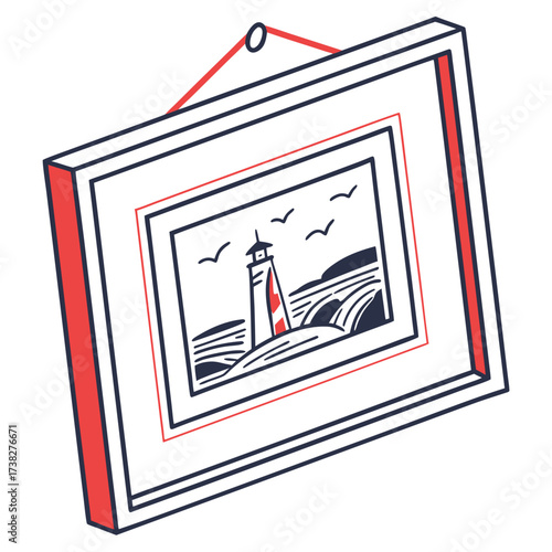 Framed illustration of a lighthouse on a coastal cliff with seagulls flying in the sky