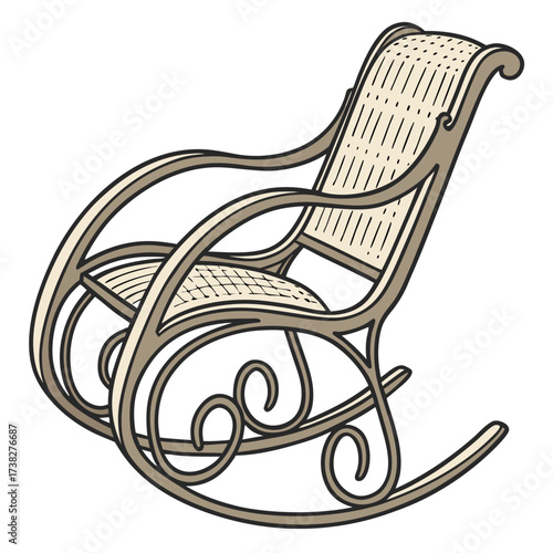 Elegant vintage rocking chair with woven seat and backrest on a white background