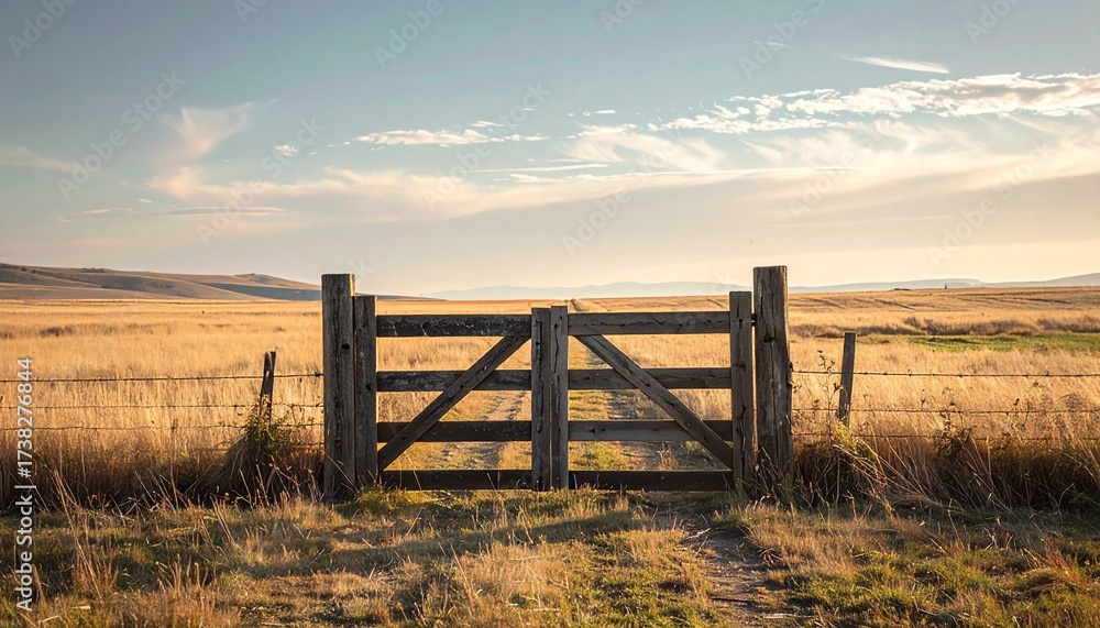 Fototapeta premium Rustic wooden farm gate standing alone in an open field. A cinematic image for rural life, countryside, solitude, and agriculture. 