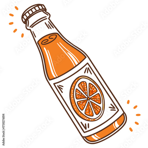 Refreshing orange soda bottle with a slice of orange on the label and sparkling accents