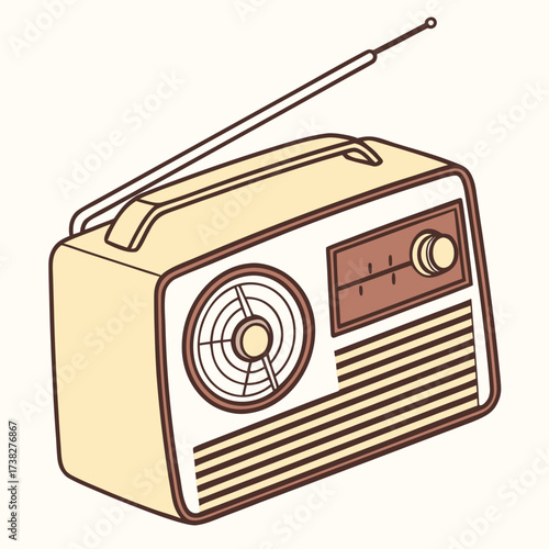 Retro portable radio with an extendable antenna and a carrying handle in a vintage style illustration