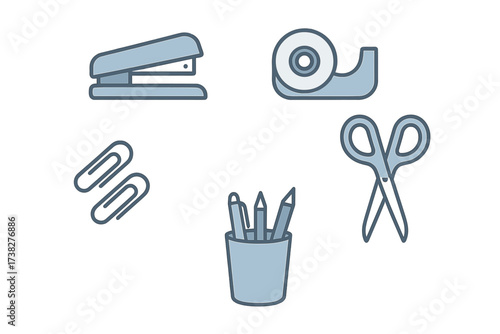 Everyday office and school supplies including stapler tape dispenser paper clips and writing tools