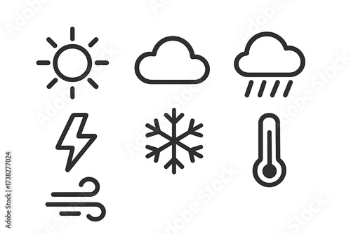 Collection of weather forecast symbols including sun, cloud, rain, lightning, snow, wind, and temperature