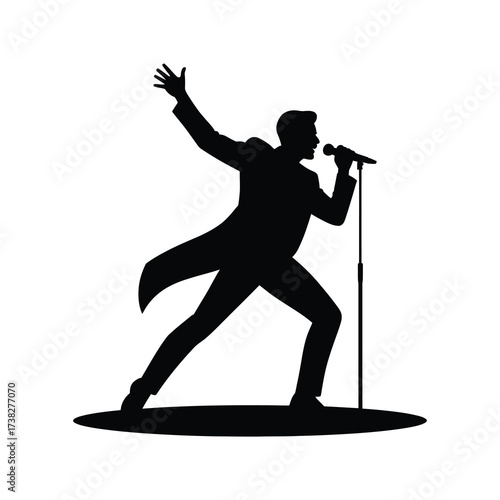 Dynamic silhouette of a male singer performing with microphone on stage