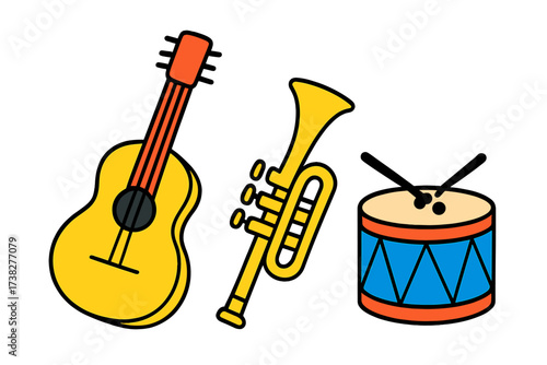 Vibrant musical instruments set with acoustic guitar, brass trumpet, and percussion drum