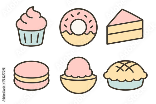 Assortment of delicious sweet pastries and desserts in a soft pastel color palette