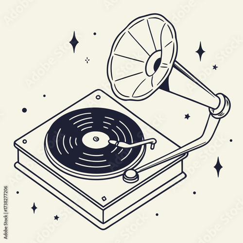 Vintage gramophone with spinning vinyl record and radiating stars creating a retro music and sound illustration