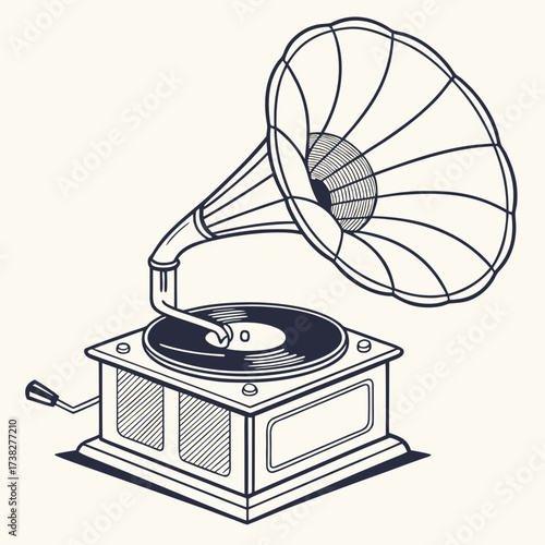 Vintage gramophone with a horn and turntable playing a vinyl record in a classic retro style illustration