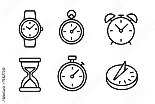 Collection of various time measuring devices and clocks presented as outline icons
