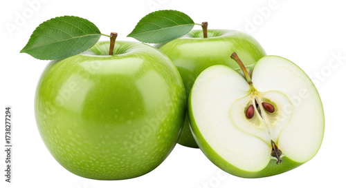 Isolated fresh bright green Granny Smith apples and sliced apple with stem and leaves