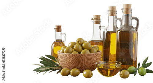 Isolated Still life of glass bottles filled with olive oil, wooden bowl, and olives