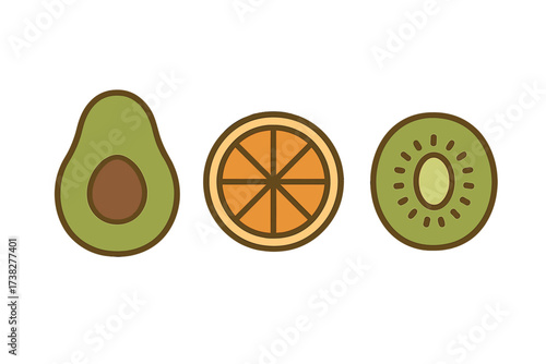 Assortment of fresh fruit slices including avocado, orange, and kiwi on white background