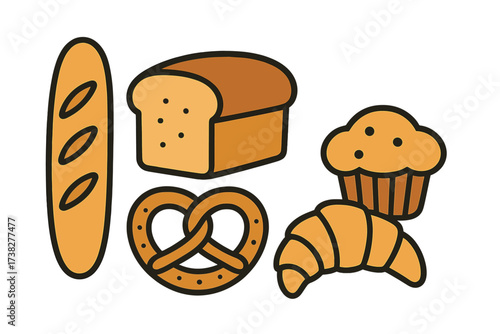 Delicious selection of bakery products: baguette, loaf of bread, muffin, pretzel, croissant