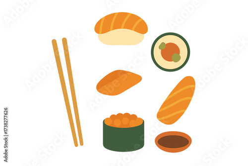 Assortment of traditional Japanese sushi and sashimi with chopsticks and soy sauce