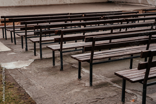 Benches in front of the stage. Stage for performances.