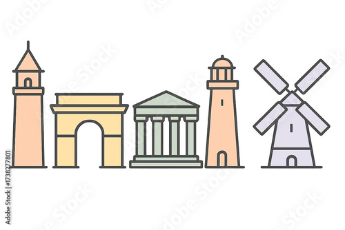 Collection of famous world landmarks and architectural structures in a simple outline style