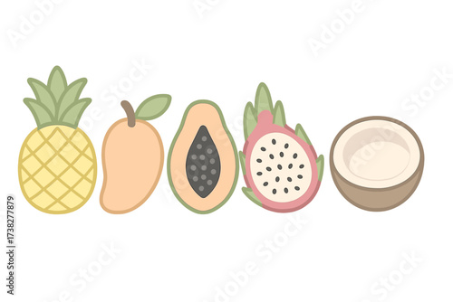 Colorful assortment of fresh tropical fruits including pineapple mango papaya dragon fruit and coconut