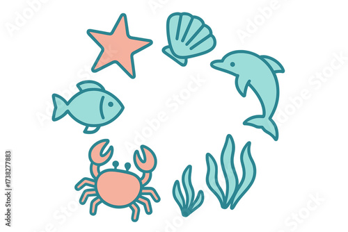 Stylized marine animals and plants from the ocean environment, including dolphin, fish, crab, and starfish
