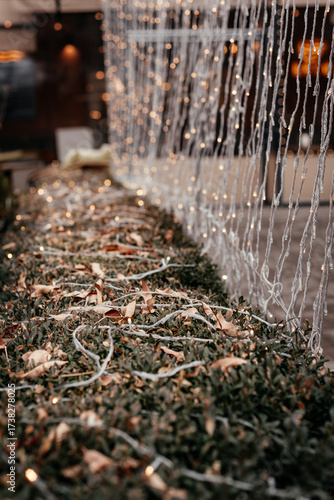 New Year's decorations in the city. The New Year's garland is glowing.