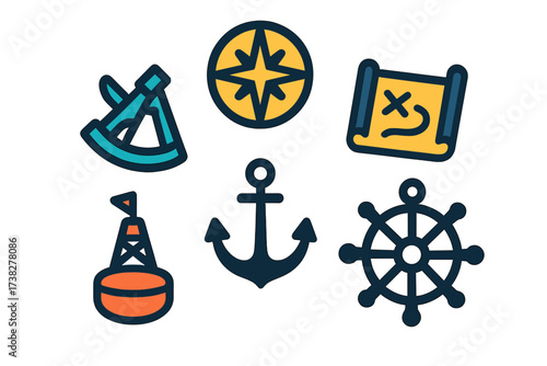Essential nautical navigation tools and marine adventure symbols collection