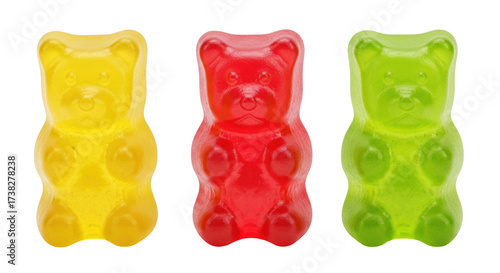 Isolated gummy bears candies, colorful treat assortment, chewy gelatin bear snacks, party food