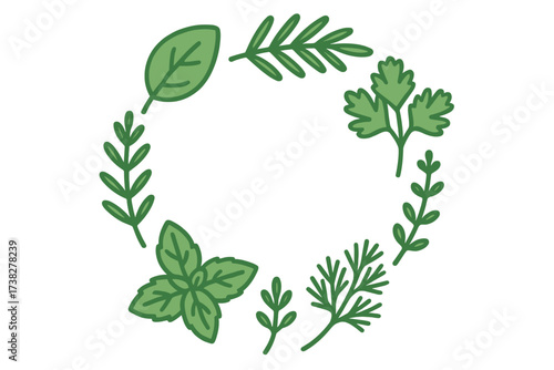 Fresh green culinary herbs arranged in a decorative circular wreath design