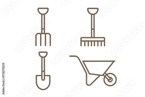 Collection of essential gardening and farming tools in a minimalist outline style