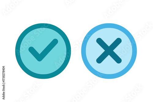 Green checkmark and blue cross icons symbolizing approval, denial, correct, and incorrect choices