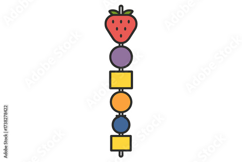 Colorful strawberry and geometric shapes on a skewer for healthy eating concept