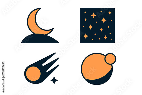Minimalist collection of celestial bodies and night sky elements icons set