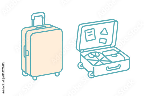 Two travel suitcases, one closed and one open with packed luggage for vacation or business trip