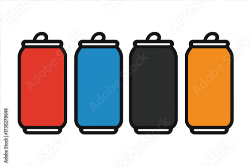 Row of four colorful aluminum beverage cans with pull tabs on a white background