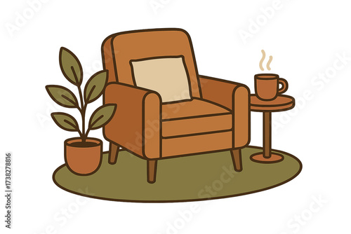 Cozy living room corner with comfortable armchair, side table, hot coffee mug, and potted houseplant