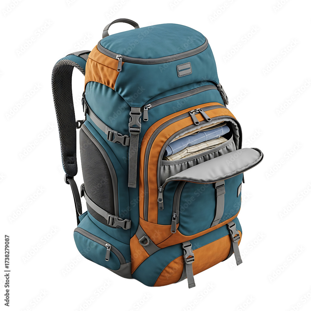 Fototapeta premium Teal and orange hiking backpack with an open compartment revealing folded clothes, perfect for travel and adventure, isolated on black.