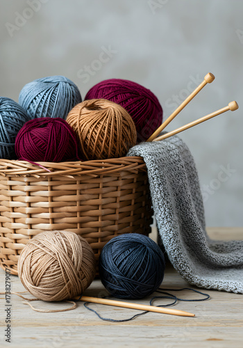 [Generative AI] 바구니 속의 다양한 색상의 뜨개질 실타래와 뜨개바늘