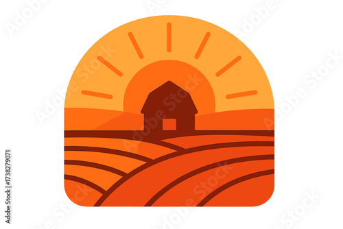 Rural farm landscape with barn silhouette at sunset over rolling fields