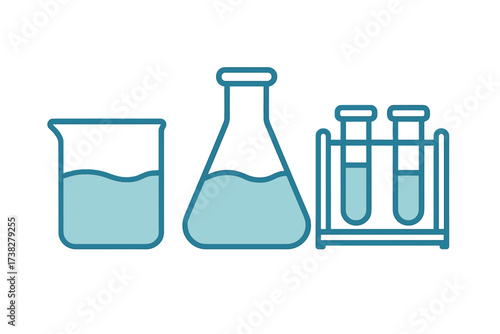 Set of laboratory glassware including beaker, flask, and test tubes with liquid