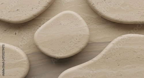 A beige and brown stone surface with a single large, round, beige stone in the center, surrounded by smaller stones and a gray stone with a wavy edge.