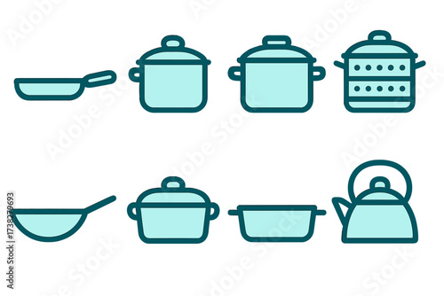 Collection of kitchen cooking utensils and cookware icons for culinary design