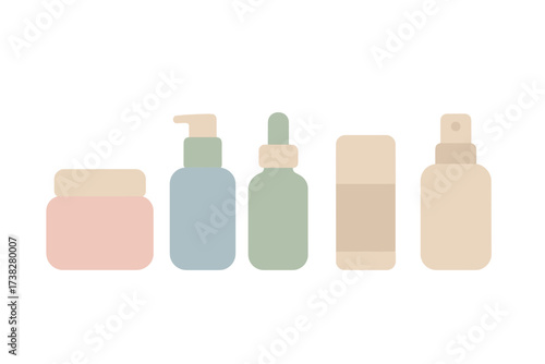Collection of minimalist cosmetic product containers for beauty and skincare routine