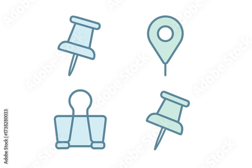 Essential office stationery and map location markers for business and navigation