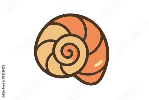 Decorative spiral seashell with warm orange and beige tones and bold outlines