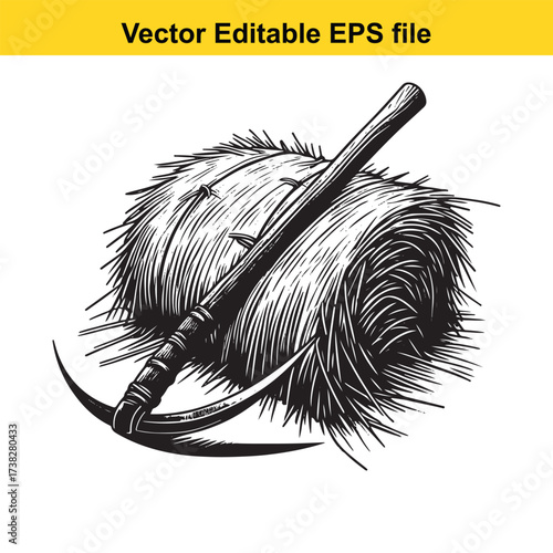 Vector art of vintage scythe resting on a hay bale