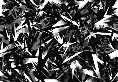 Abstract geometric pattern with sharp shattered shapes in black, white, and gray. Modern chaotic fragmented graphic background texture.