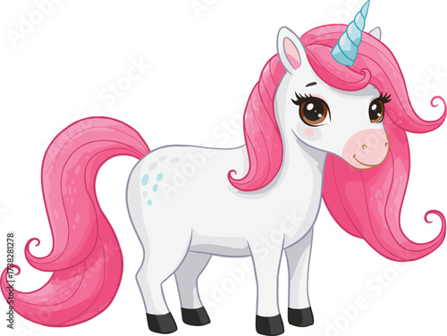Beautiful magical unicorn illustration with pink mane, white body, blue horn, fantasy cartoon pony character design, adorable fairytale animal clipart vector